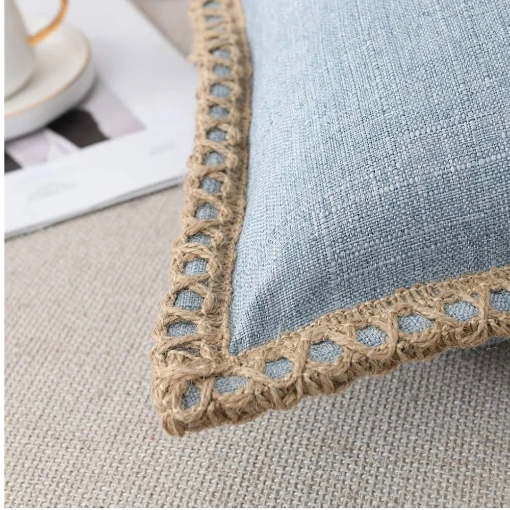 Blue LINEN Pillow Covers with Tan BURLAP Trim SQUARE 18x18” (2-Pack)